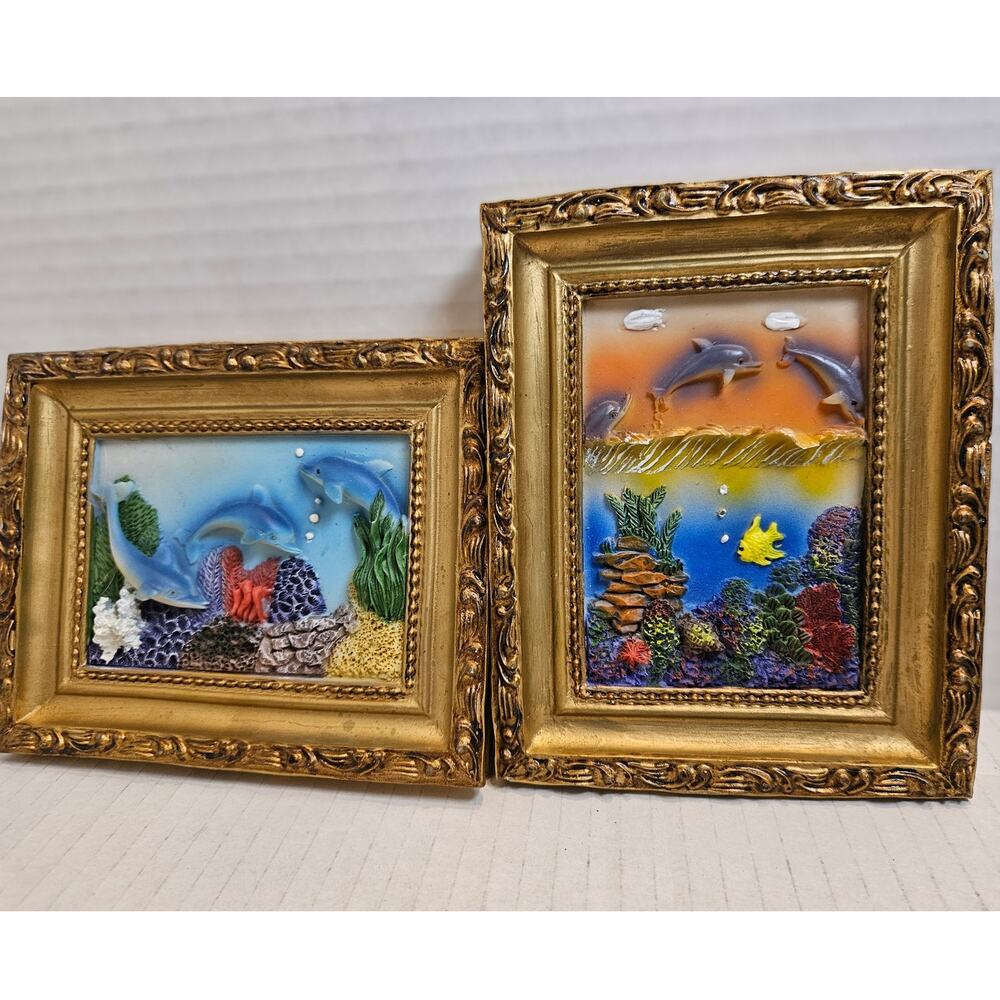 Dolphin Fish Undersea Handpainted Polyresin Ocean Scenery 3D Framed set of 2